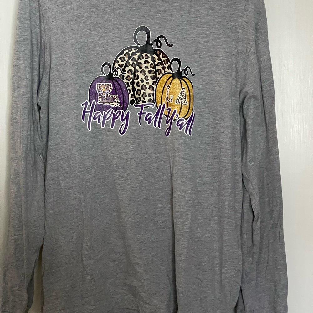 Gray Long Sleeve Top with Pumpkin Design